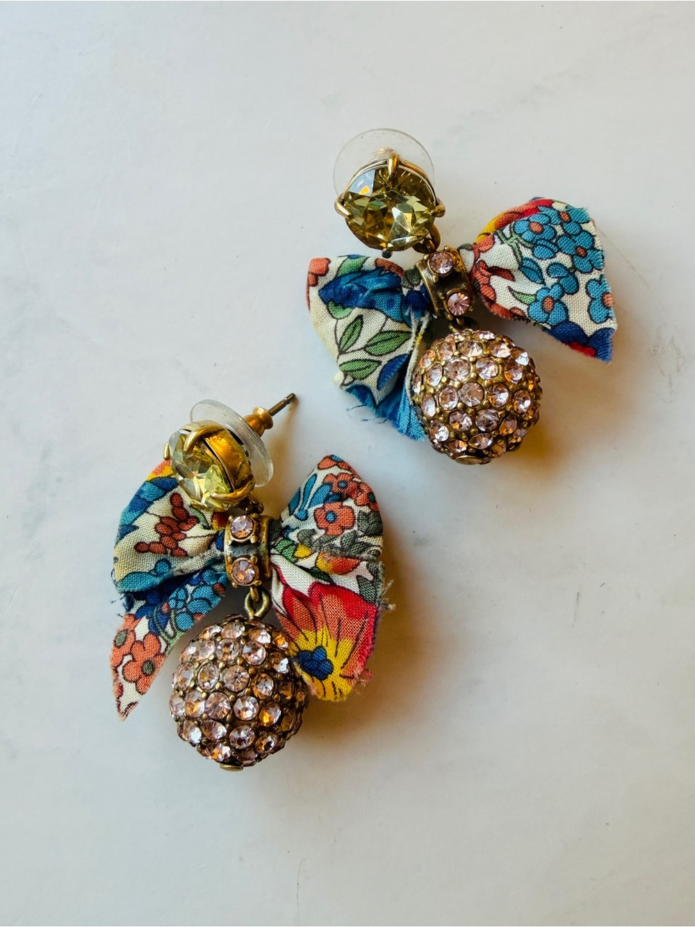 J. Crew Floral Bow Drop Earrings with Pink Crystal Ball